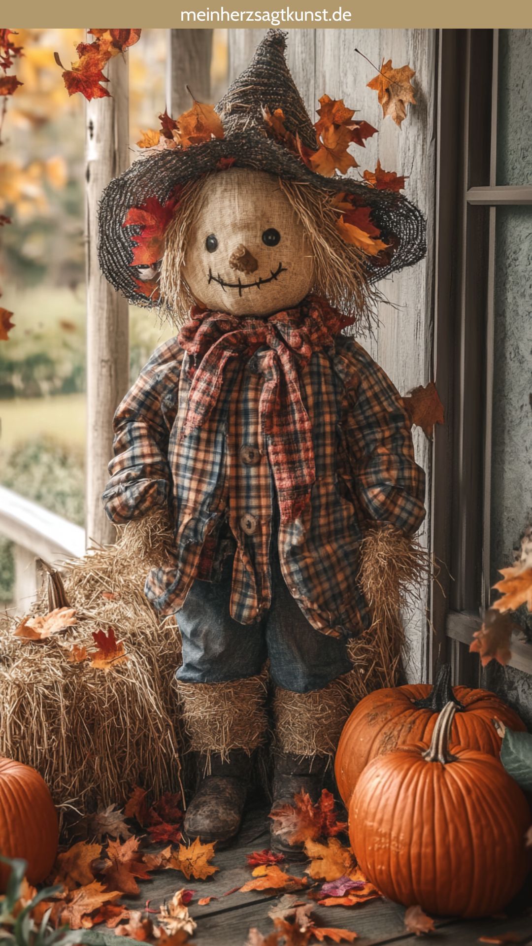 Strohmännchen als Herbstdekoration im Garten