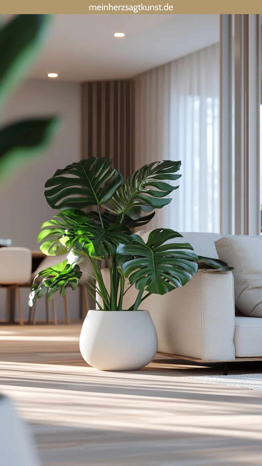 Wohnzimmer mit Monstera und Strelitzien als Pflanzen Deko