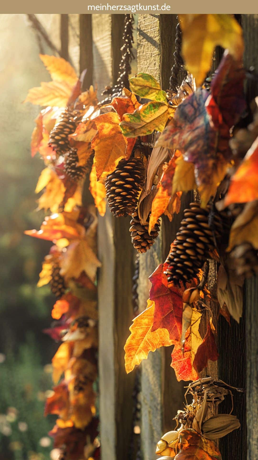 Herbstliche Girlande aus Maisblättern und Tannenzapfen