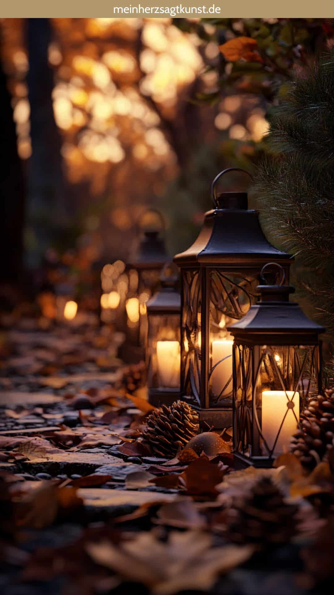 Laternen und Windlichter beleuchten einen herbstlichen Gartenweg